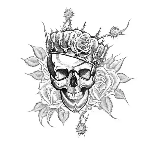 A skull wearing a crown made of thorny rose vines, surrounded by lyrics from your favorite rap song tattoo design idea
