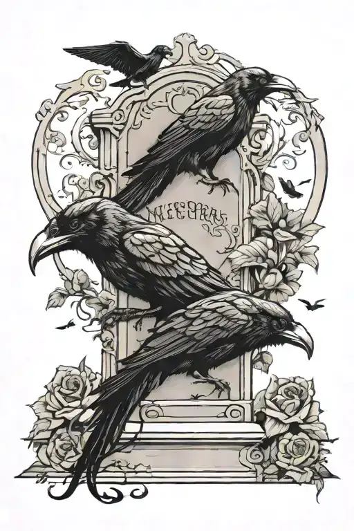 headstone & ravens perched tattoo design idea