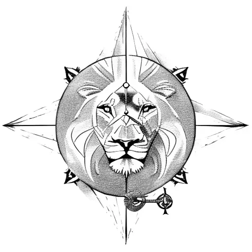 A majestic lion with a compass rose as its mane, symbolizing strength, guidance, and a sense of direction in life tattoo design idea
