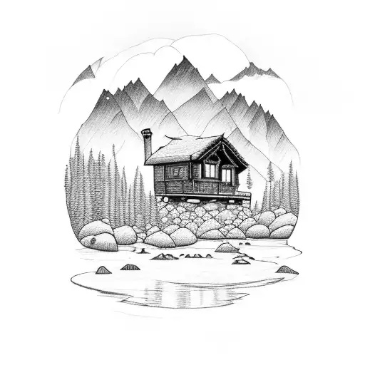 A serene landscape tattoo featuring a cabin nestled by a river with mountains in the distance tattoo design idea