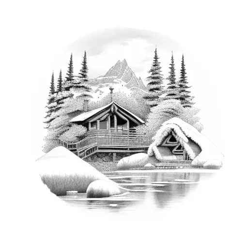 A serene landscape tattoo featuring a cabin nestled by a river with mountains in the distance tattoo design idea