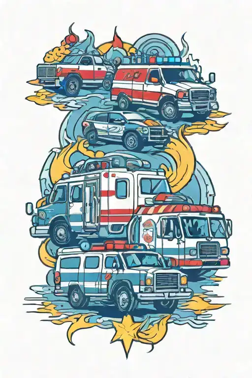 ambulance, fire truck and police vehicle responding with lights and sirens tattoo design idea