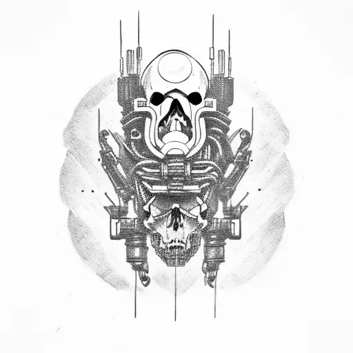 cyberpunk skull with red eyes tattoo design idea