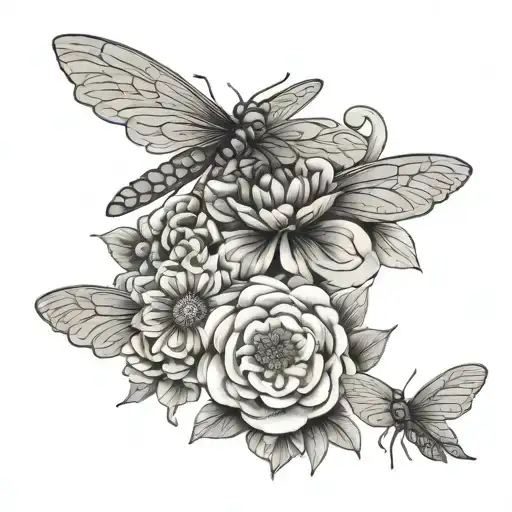 celtic mom daughter and son, a zinnia flower and a dragonfly flying tattoo design idea