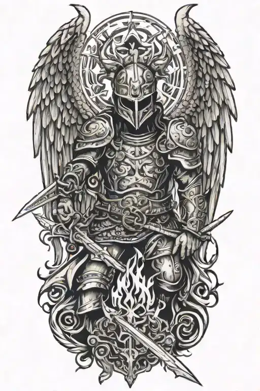 angel with a dragon tribal helmet holding a sword made of fire tattoo design idea