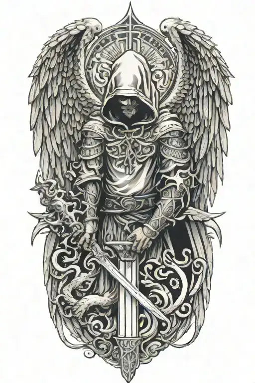 hooded angel holding sword, dragon on the left wing and phoenix on the right  wing tattoo design idea