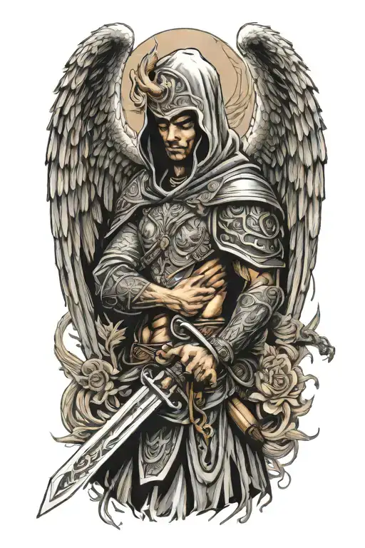 hooded angel holding a sword surrounded by a dragon and phoenix tattoo design idea