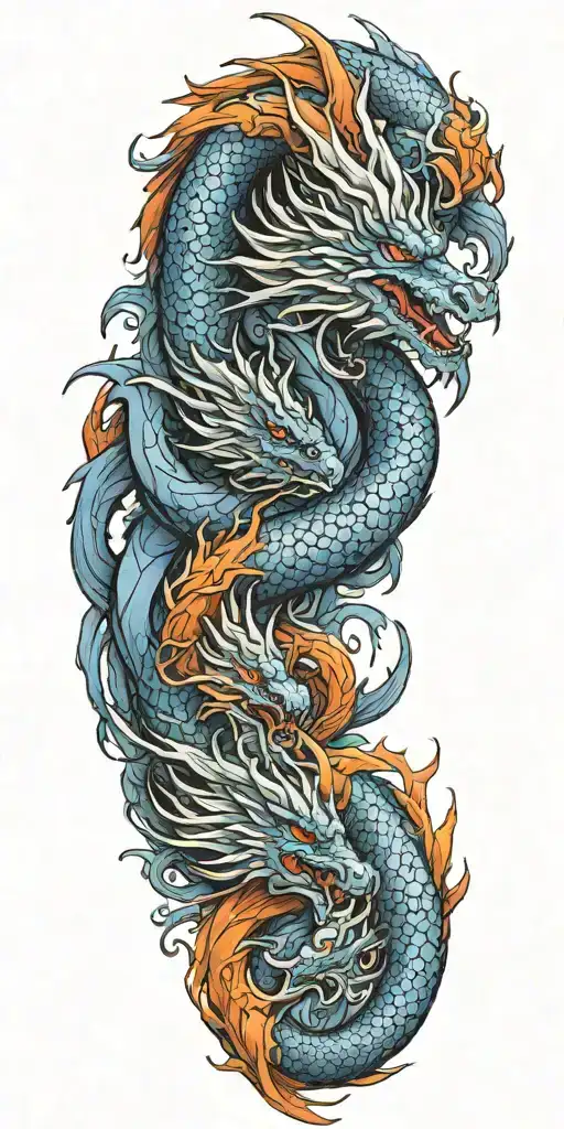 a blue dragon and a red orange Phoenix tattoo design idea