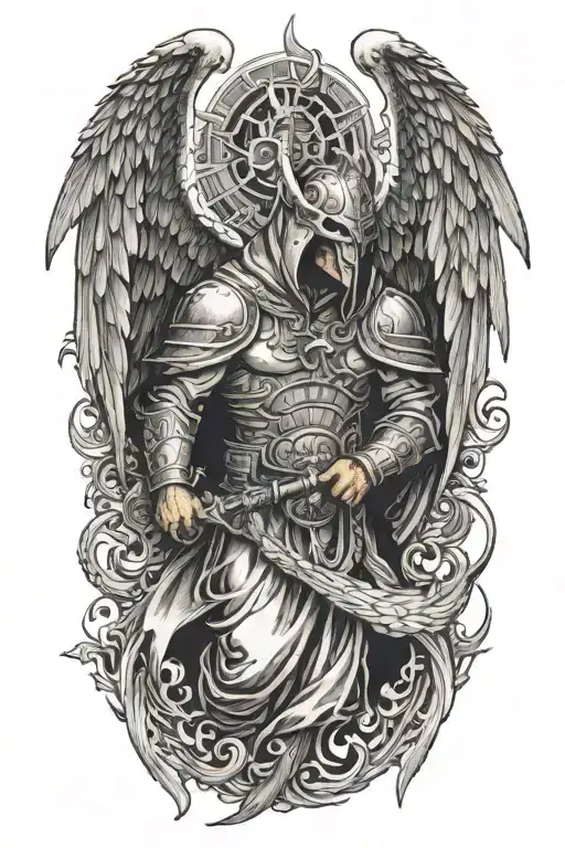 hooded angel with wings made of fire fighting a dragon tattoo design idea