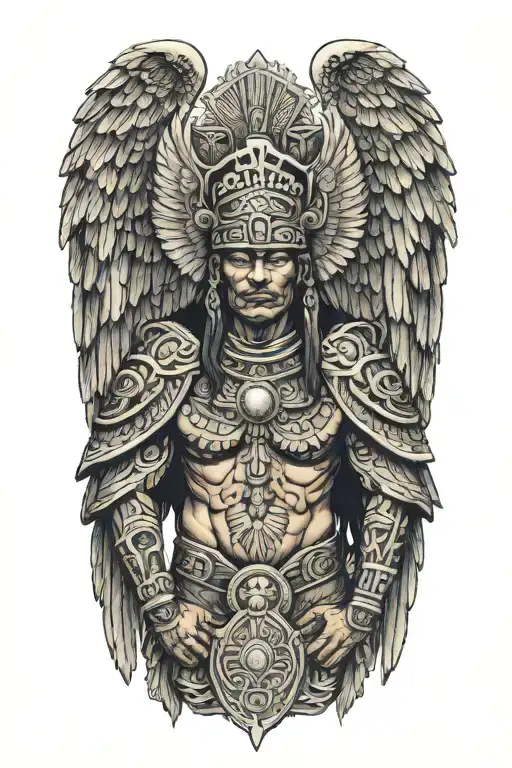 winged angel wearing traditional aztec warrior garments tattoo design idea