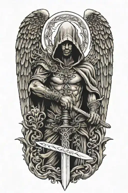 hooded angel holding sword, dragon on the left and phoenix bird on the right   tattoo design idea