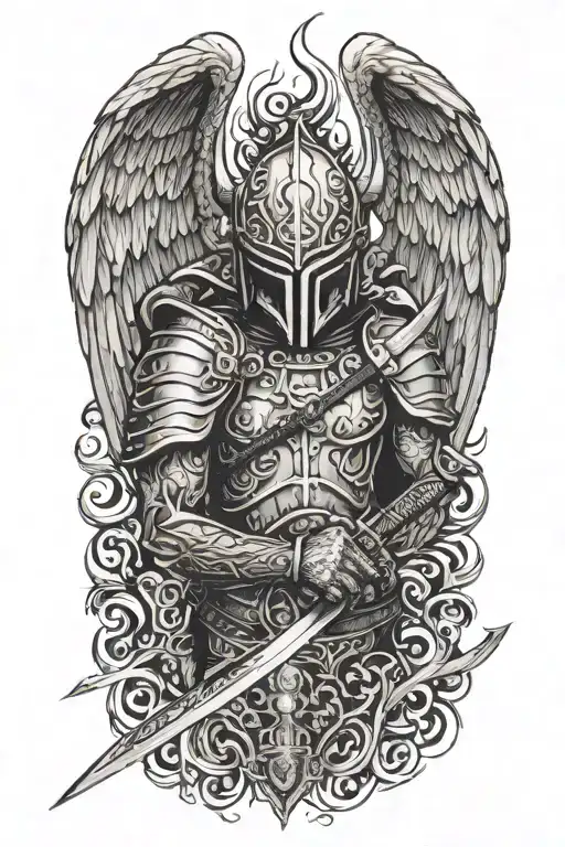 angel with a dragon tribal helmet holding a sword made of fire tattoo design idea
