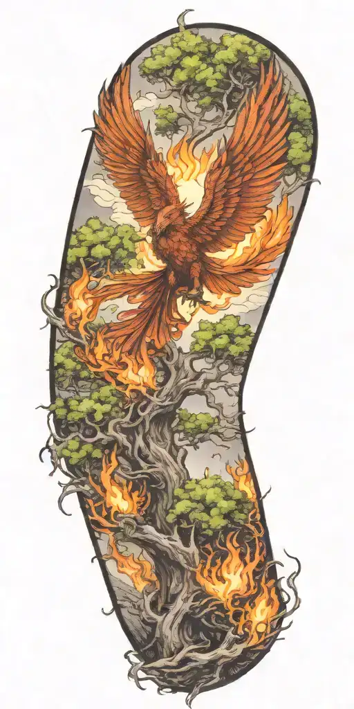 The phoenix rising from a burning tree thats being burned by a raging dragon tattoo design idea