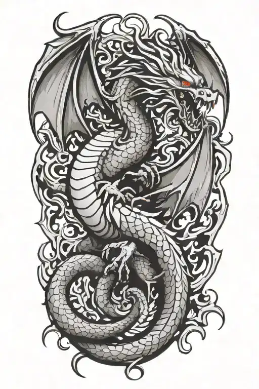 dragon coiled up with the phoenix flying out from its fire breath tattoo design idea