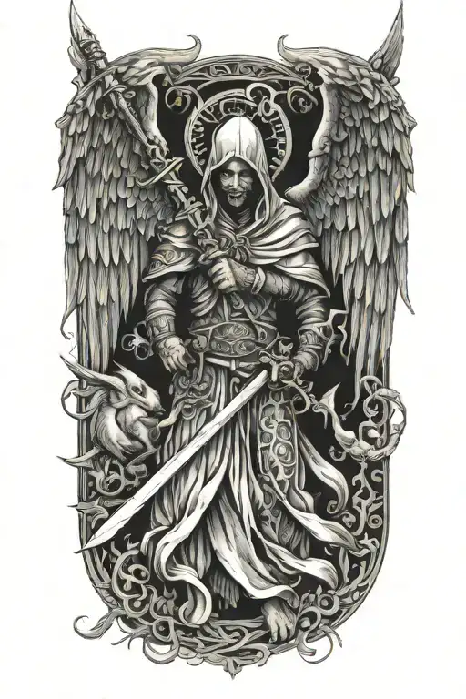 hooded angel holding sword, dragon on the left and phoenix on the right   tattoo design idea