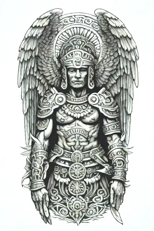 winged angel with aztec warrior garments tattoo design idea