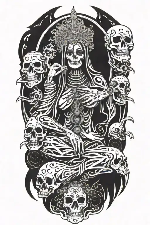 Santa Muerte sitting on her throne of skulls tattoo design idea