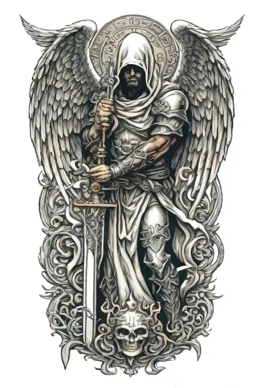 hooded angel holding a sword surrounded by a dragon and phoenix tattoo design idea