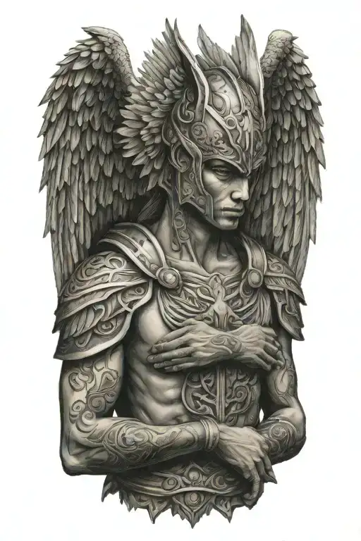 faceless angel facing foward wearing armor of the wolf and the wings of the phoenix with his arms crossed tattoo design idea