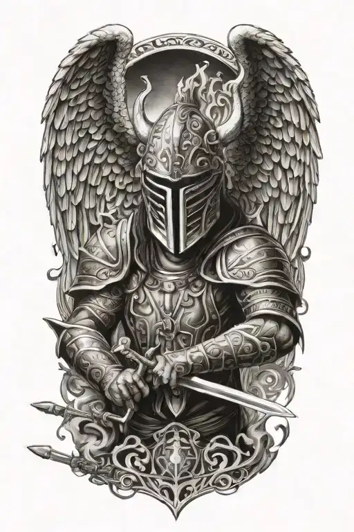 angel with a dragon tribal helmet holding a sword made of fire tattoo design idea