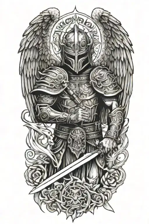 angel with a dragon tribal helmet holding a sword made of fire tattoo design idea