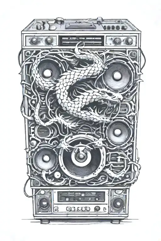 A dragon wrapping itself around a giant speaker that has soundwaves coming out of them tattoo design idea