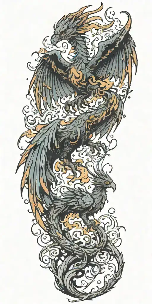 phoenix rising from a tree being set on fire by a raging dragon tattoo design idea