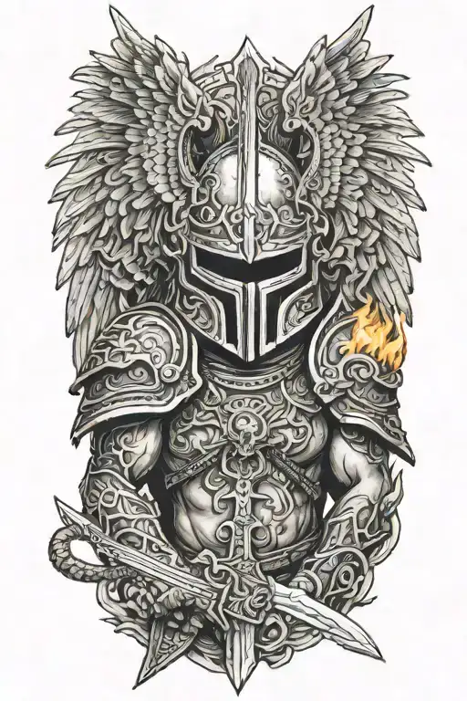 angel with a dragon tribal helmet holding a sword made of fire tattoo design idea