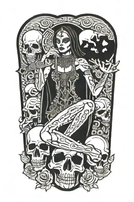 Santa Muerte sitting on her throne of skulls tattoo design idea