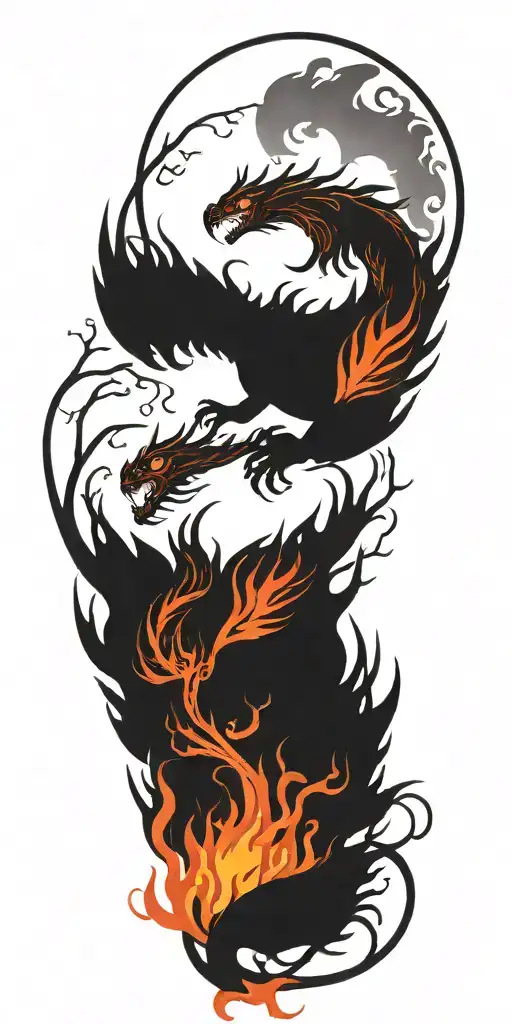 phoenix rising from a tree being set on fire by a raging dragon tattoo design idea