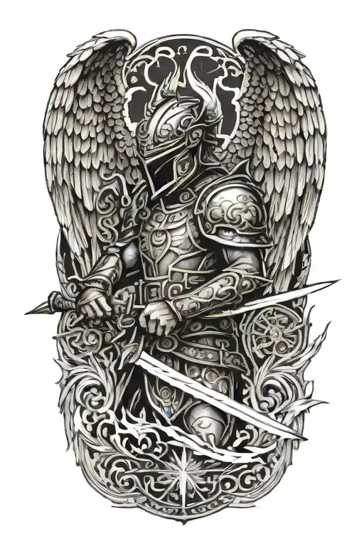 angel with a dragon tribal helmet holding a sword made of fire tattoo design idea