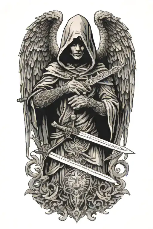 hooded angel holding a sword surrounded by a dragon and phoenix tattoo design idea