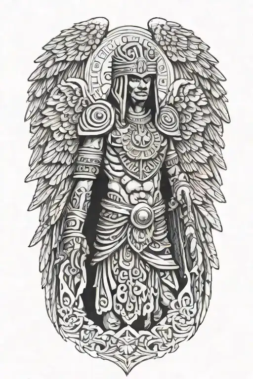 winged angel with hooded warrior wearing aztec garments tattoo design idea