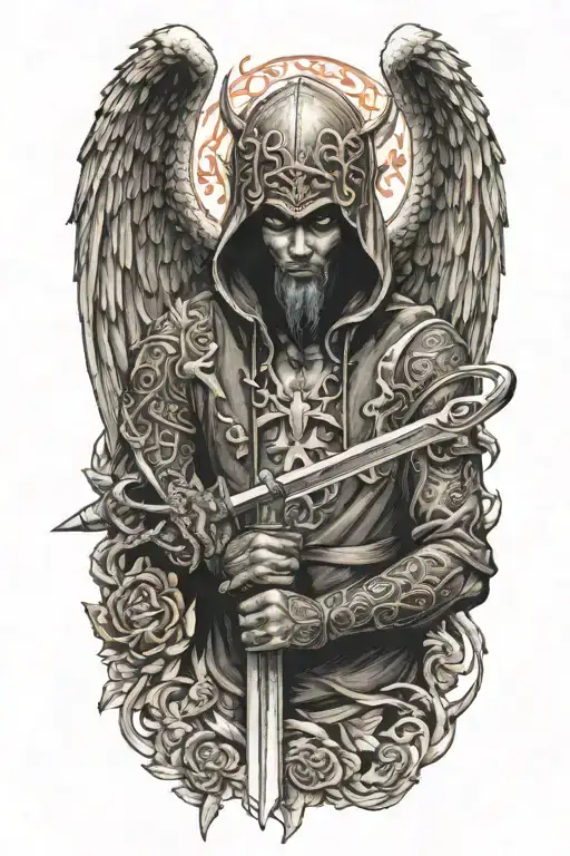 angel with a dragon hood holding a sword of fire tattoo design idea