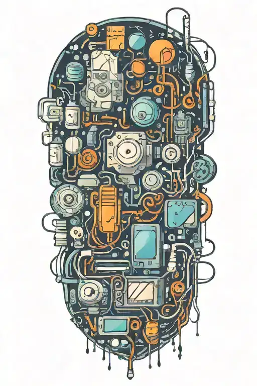 A software engineer creating music with a mix of technology and chemistry symbols tattoo design idea