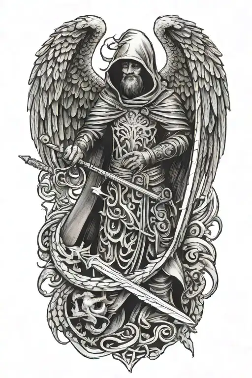 hooded angel holding a sword surrounded by a dragon and phoenix tattoo design idea