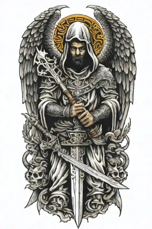 hooded angel holding a sword surrounded by a dragon and phoenix tattoo design idea