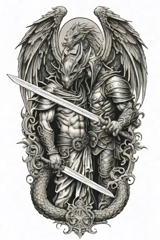 dragon and hooded angel holding a sword tattoo design idea