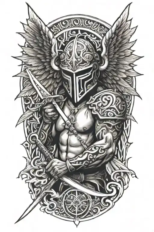 angel with a dragon tribal helmet holding a sword of fire tattoo design idea