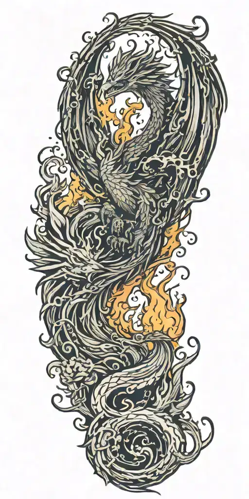 phoenix rising from a tree being set on fire by a raging dragon tattoo design idea