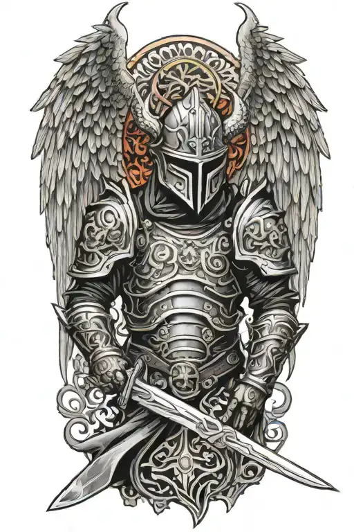 angel with a dragon tribal helmet holding a sword made of fire tattoo design idea