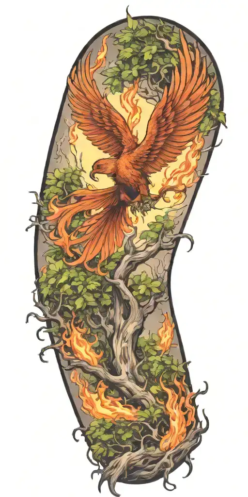 The phoenix rising from a burning tree thats being burned by a dragon tattoo design idea