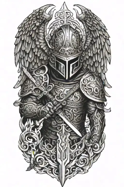 angel with a dragon tribal helmet holding a sword made of fire tattoo design idea
