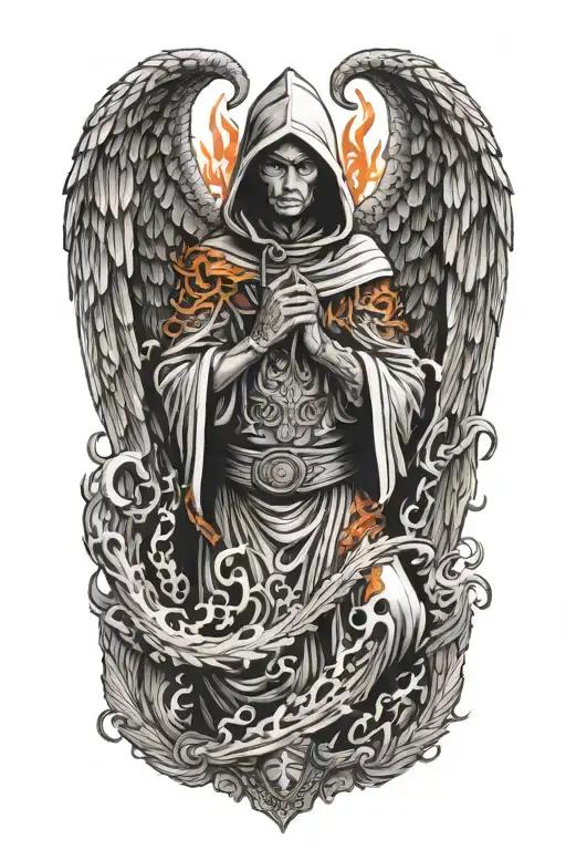 hooded angel with wings made of fire fighting a dragon tattoo design idea