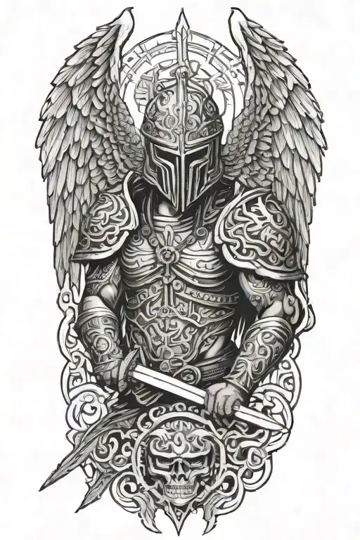 angel with a dragon tribal helmet holding a sword made of fire tattoo design idea