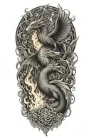 Phoenix and dragon rising from a raging fire tattoo design idea