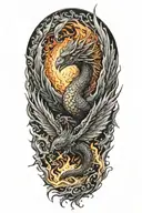 Phoenix and dragon rising from a raging fire tattoo design idea