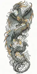 phoenix rising from a tree being set on fire by a raging dragon tattoo design idea