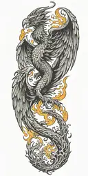 phoenix rising from a tree being set on fire by a raging dragon tattoo design idea