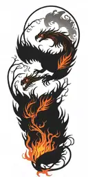 phoenix rising from a tree being set on fire by a raging dragon tattoo design idea